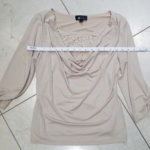 Beige Layered Blouse w Cowl Neck and Gold Accent